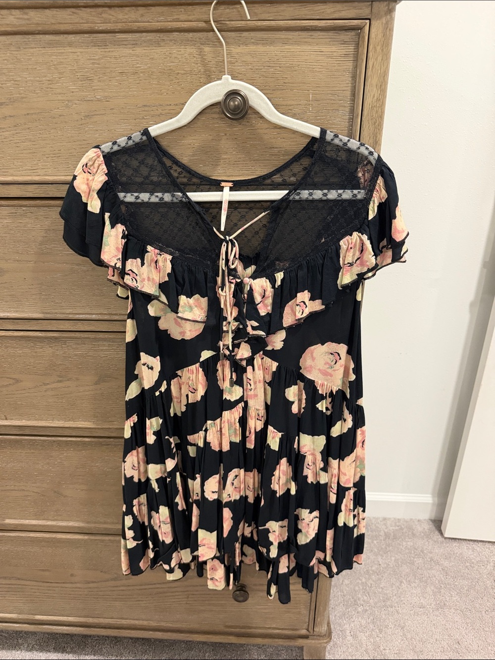 Free People Black Floral Mini Dress with Pink Roses